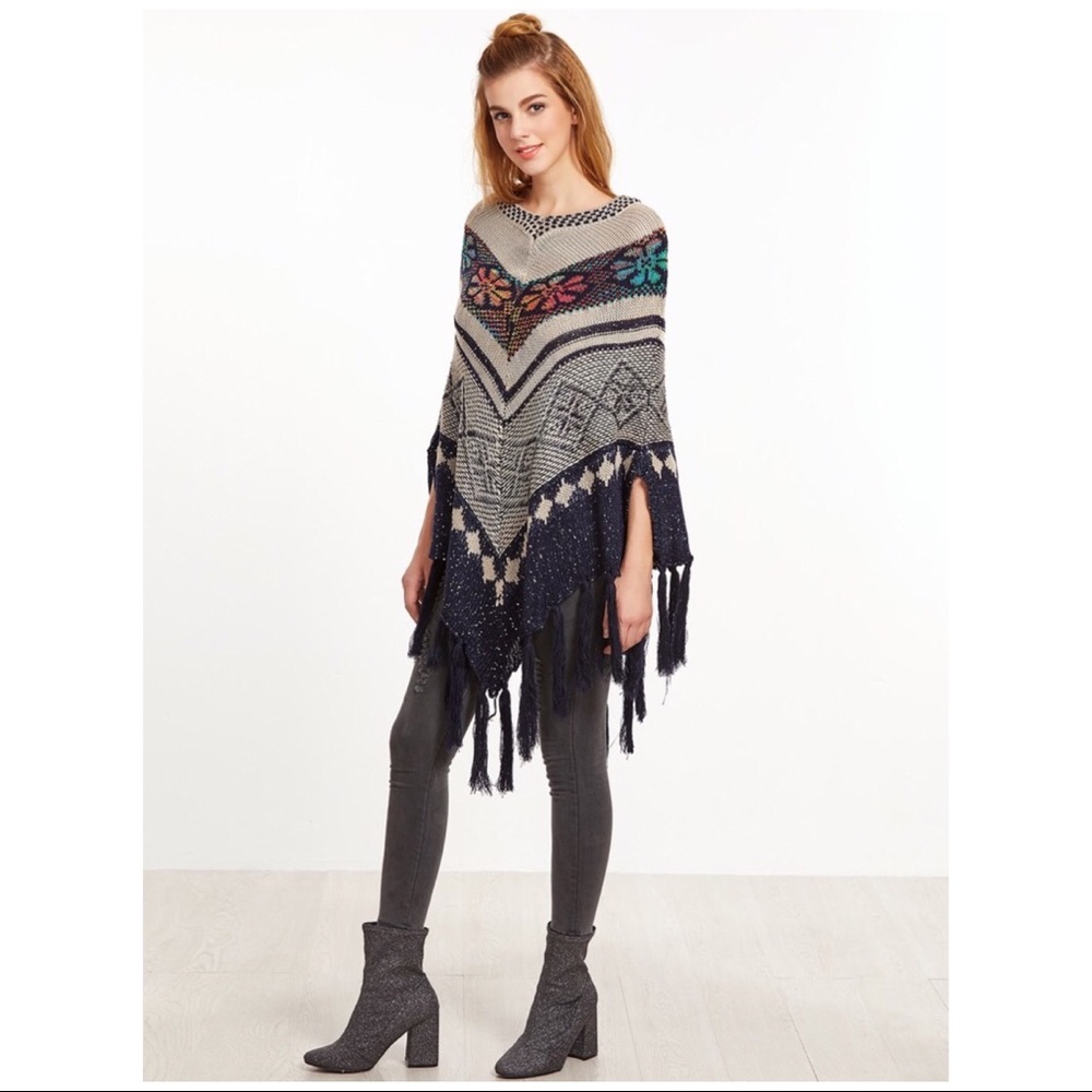 Boho Fringe Poncho Sweater